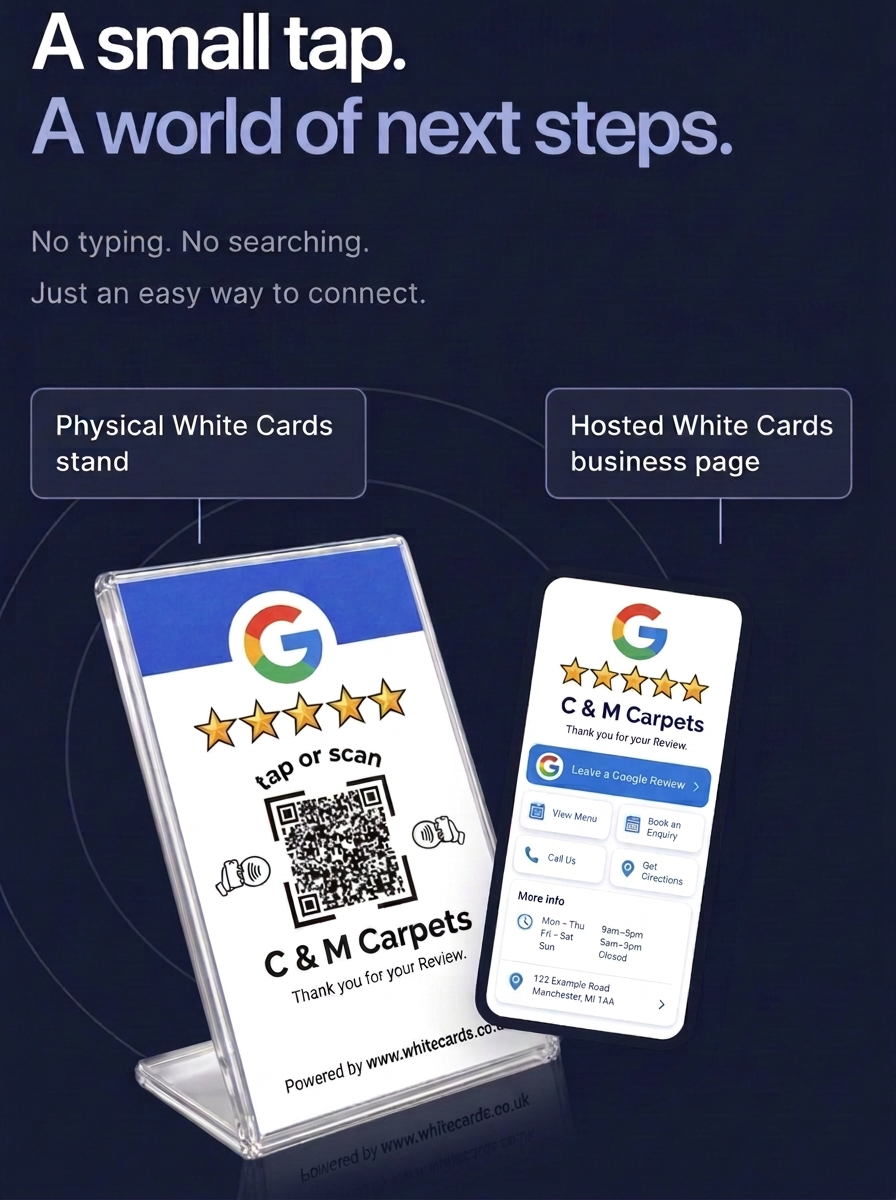 A small tap opens a world of next steps: physical White Cards stand and hosted business page side by side
